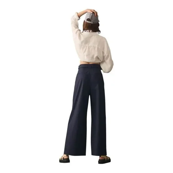 Anthropologie En Saison Marin Navy Wide Leg Embroidered Belt Trousers Large - Picture 3 of 8